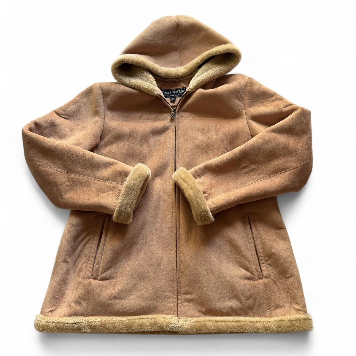Fleet Street LTD Faux Suede Shearling Hooded Winter Coat Women's XL Tan