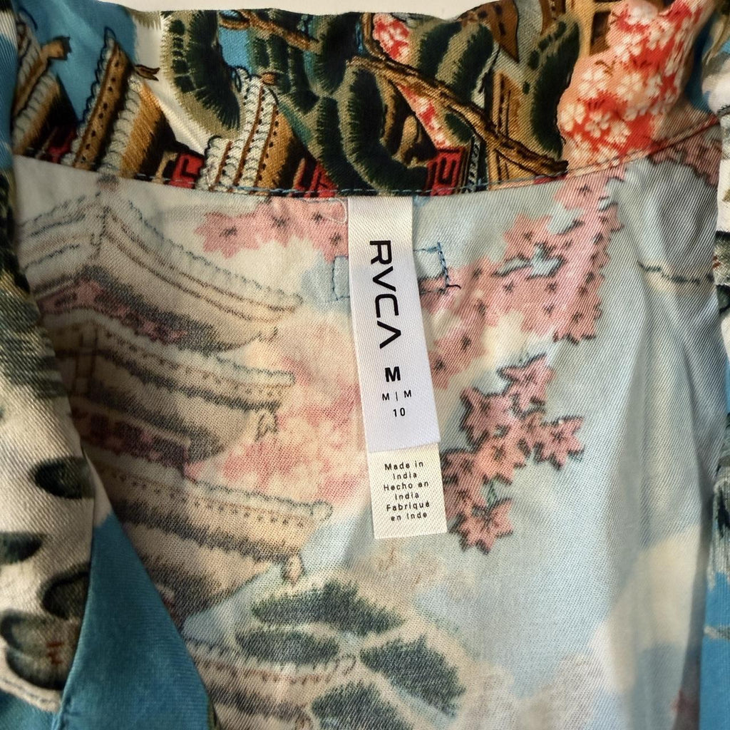 RVCA Unique Pattern T-Shirt Dress Whimsical Asian Inspired Mini Button Detail