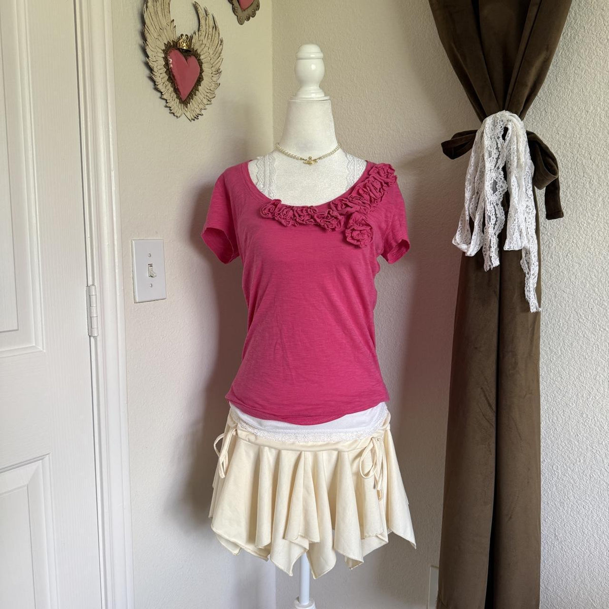 New York & Company Pink Ruffle Blouse Fairycore Cottagecore Size XS