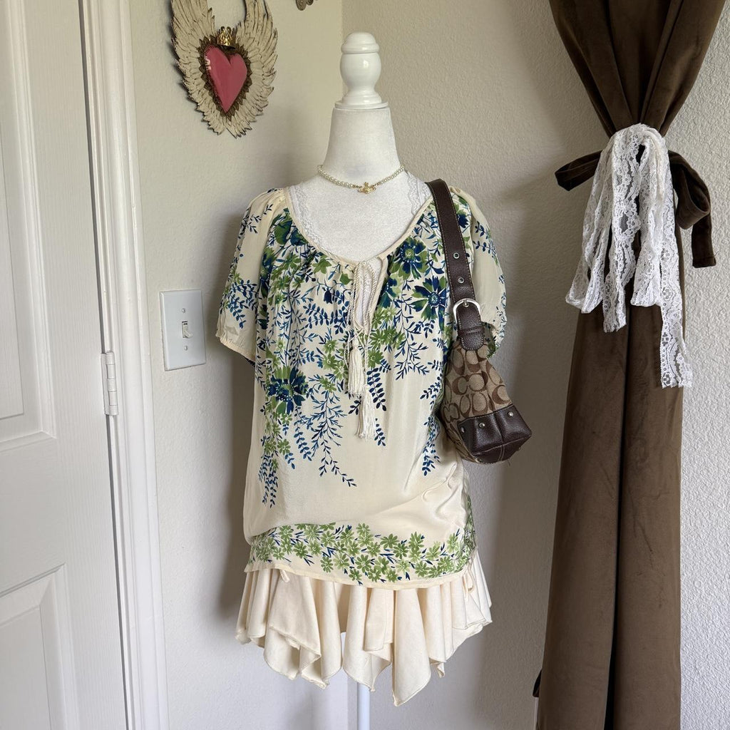Karen Kane Silk Floral Bohemian Blouse With Beaded Tie Detail Sheer