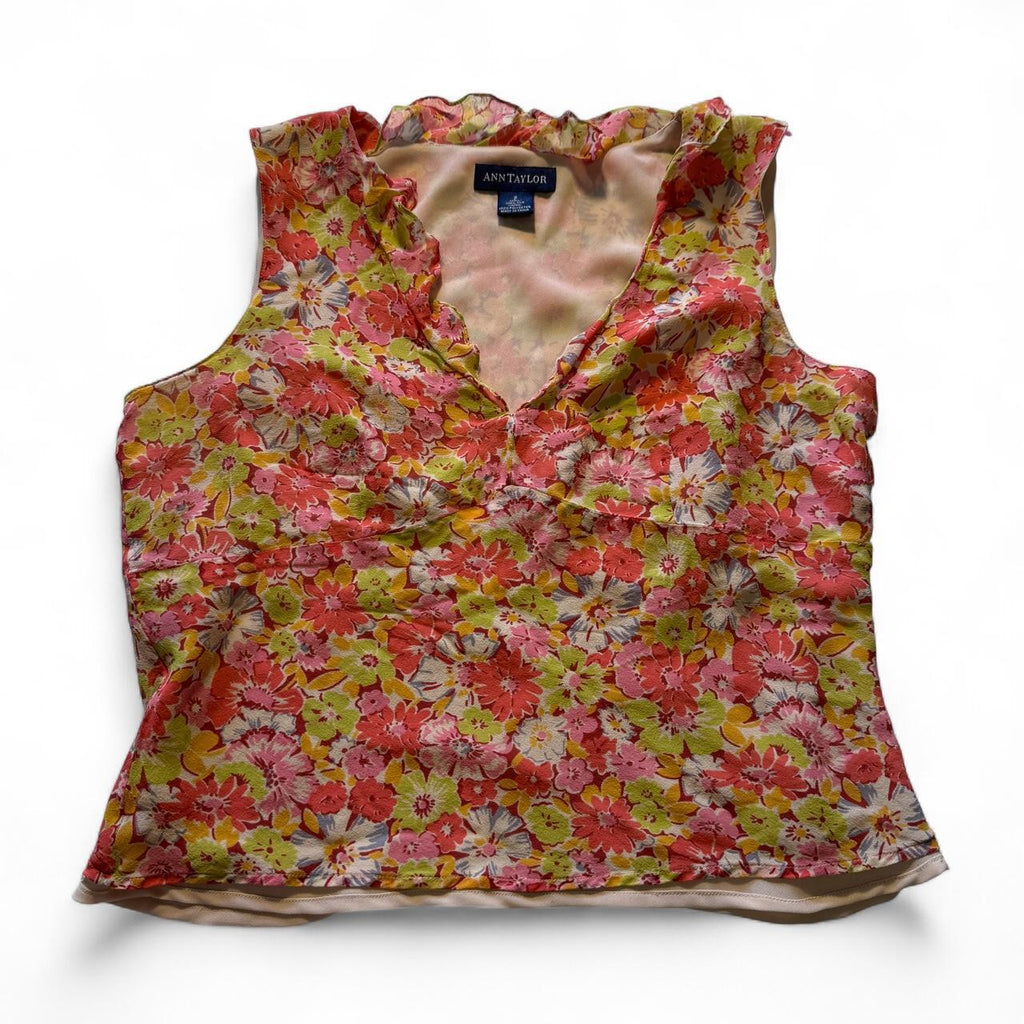 Ann Taylor Frilly Silk Floral Sleeveless Blouse Ruffled Detail