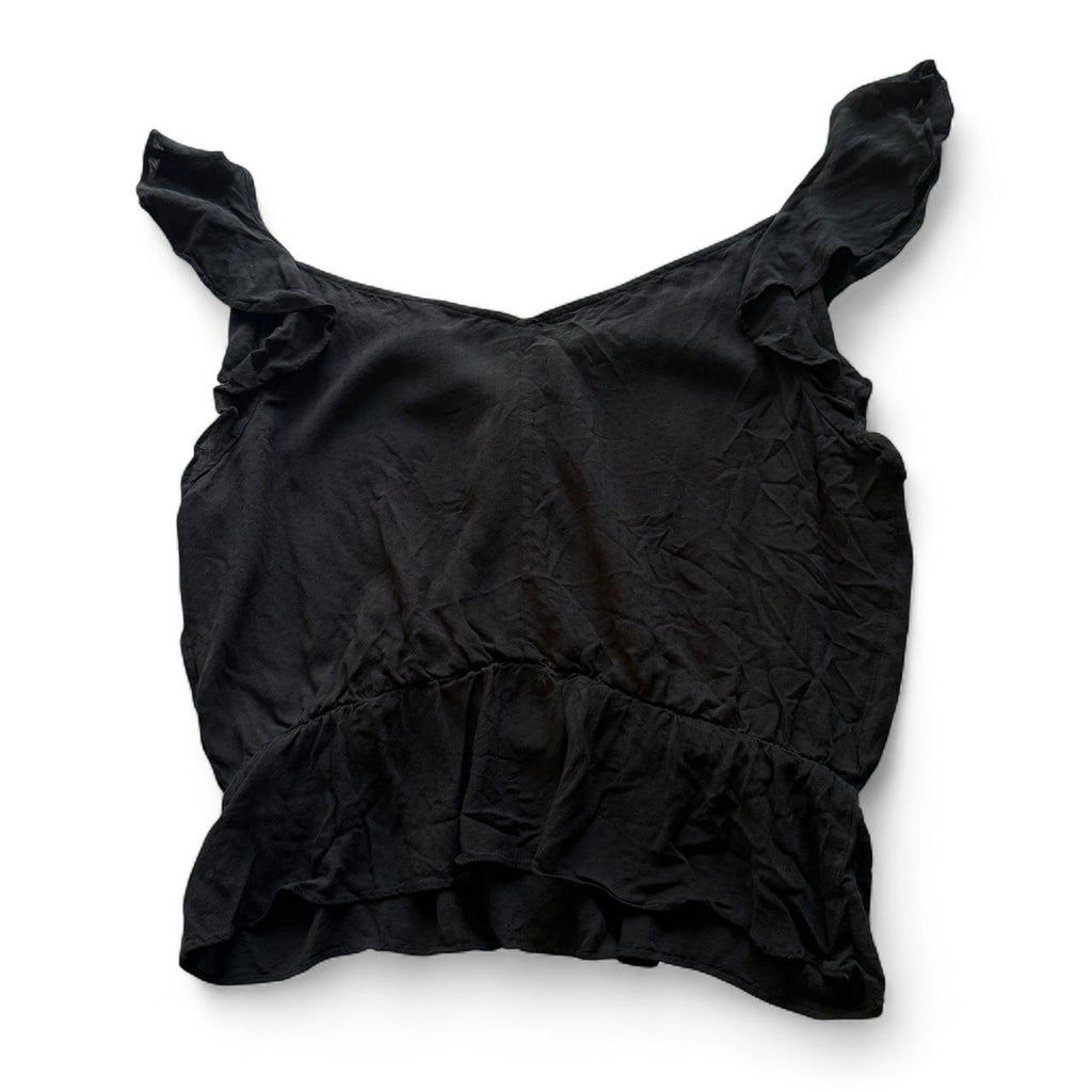 PAIGE Black Ruffle V Neck Peplum Sleeveless Blouse Women's Large Flawed