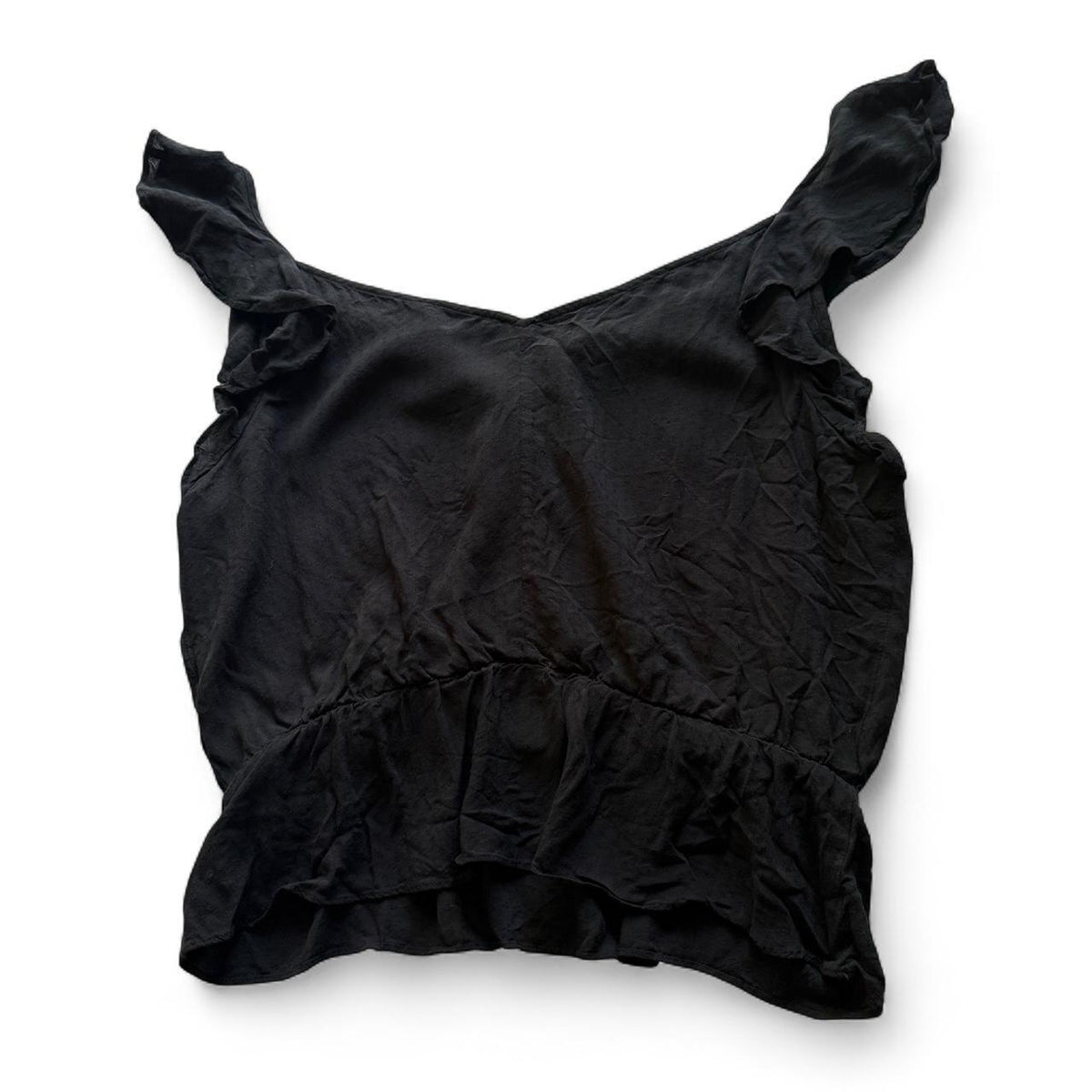 PAIGE Black Ruffle V Neck Peplum Sleeveless Blouse Women's Large Flawed