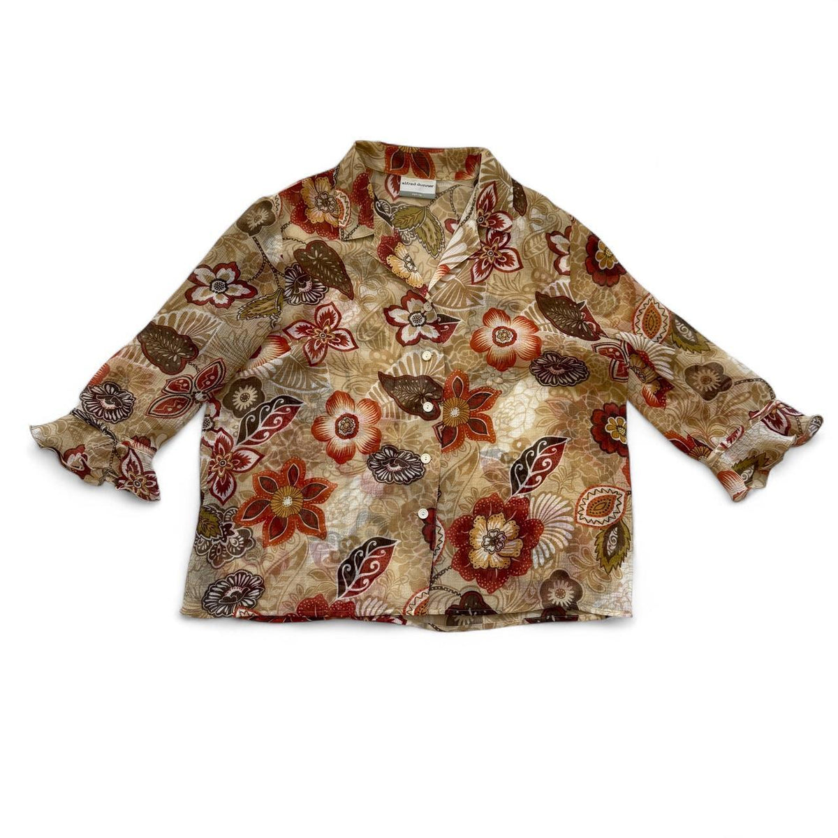 Alfred Dunner Petite Sheer Floral Button Up Blouse Boho Earthy Cottagecore
