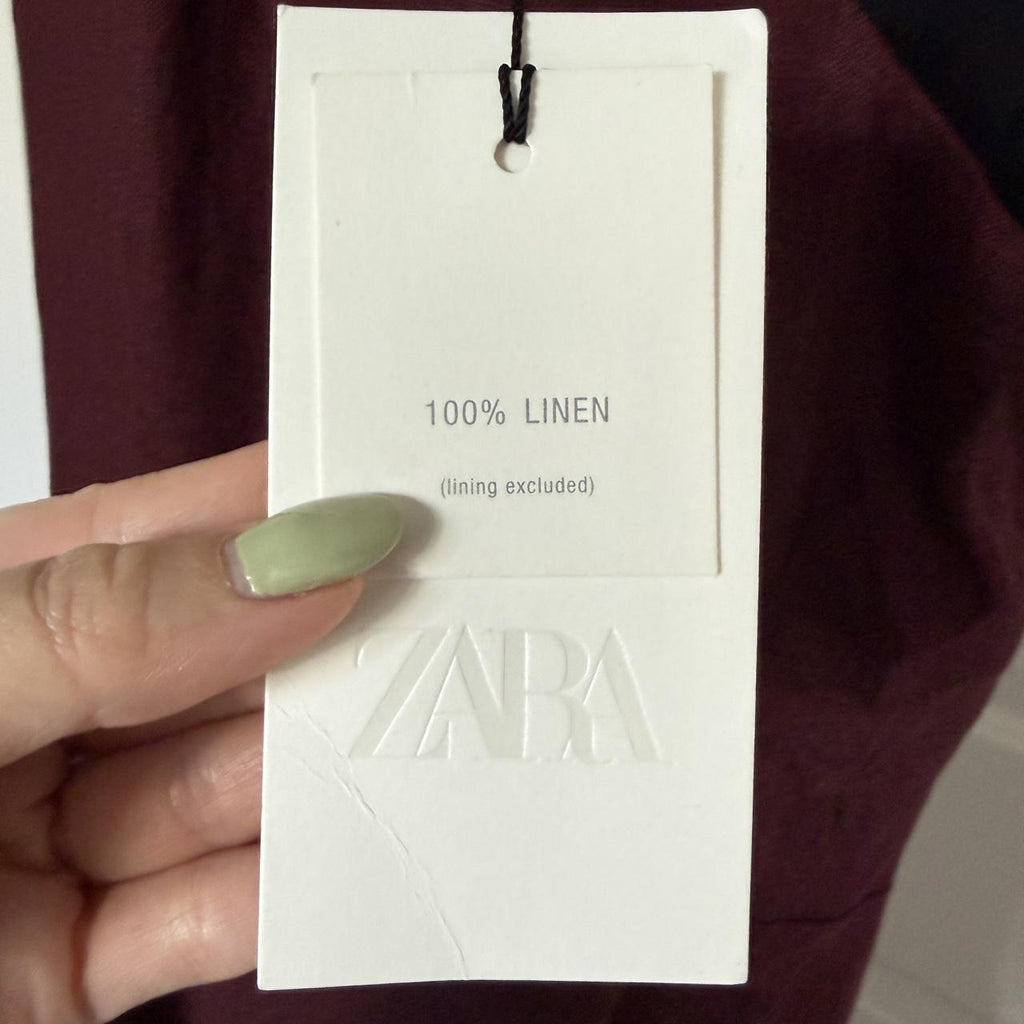 NWT Zara Asymmetric Linen Maxi Dress XS Aubergine Gold Applique 8840/386