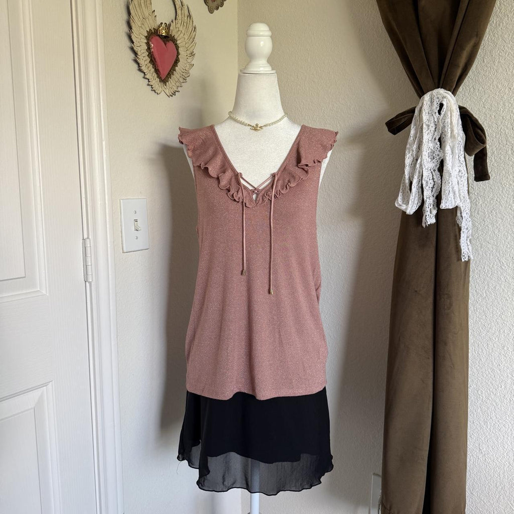 PAIGE Rainey Pink Metallic Ruffle Lace Up Sleeveless Knit Top Women's S