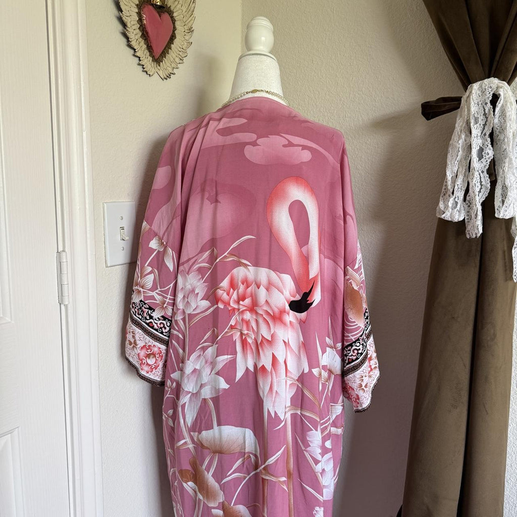 Pink Flamingo Kimono Robe Full Length Bohemian Dressing Gown