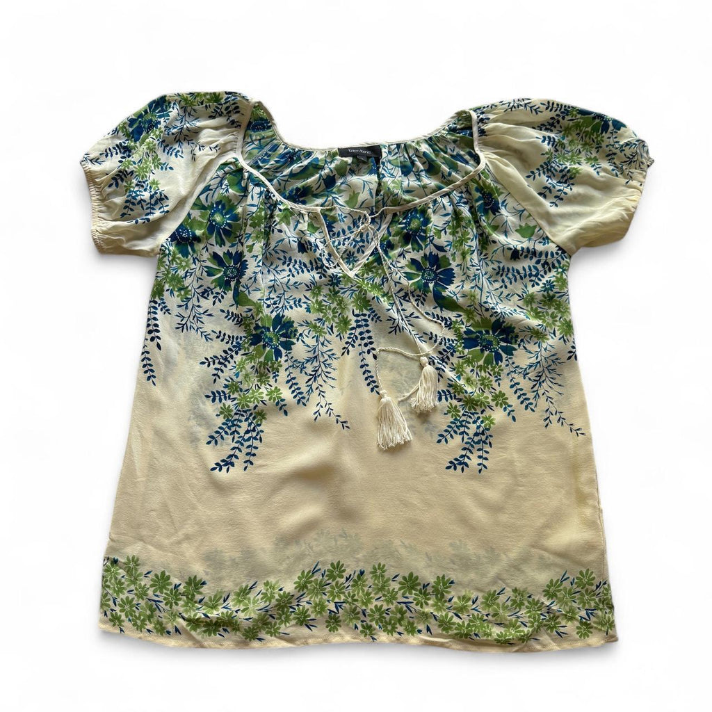Karen Kane Silk Floral Bohemian Blouse With Beaded Tie Detail Sheer