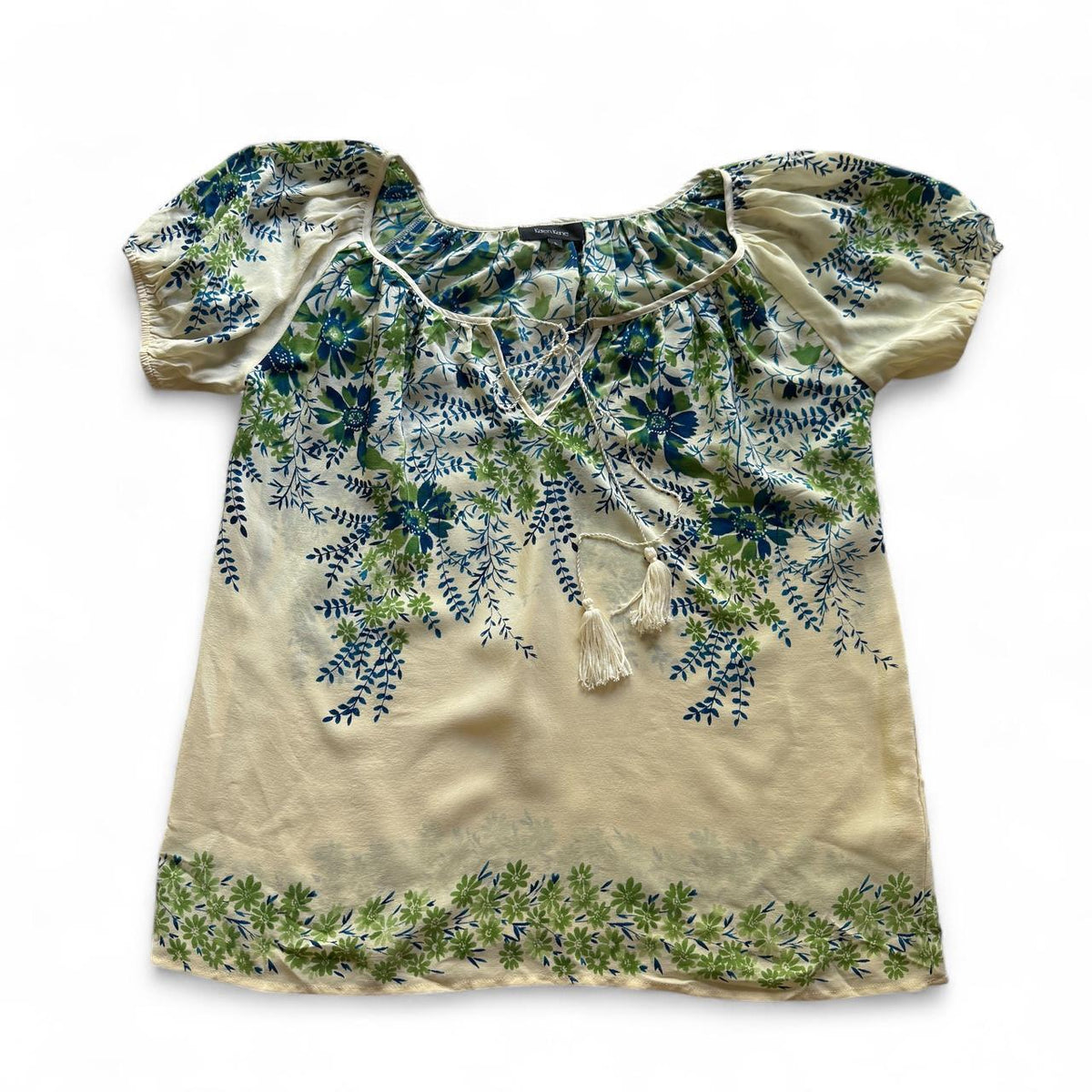 Karen Kane Silk Floral Bohemian Blouse With Beaded Tie Detail Sheer