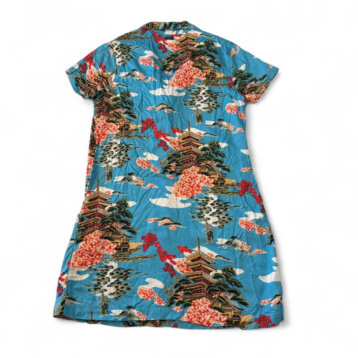 RVCA Unique Pattern T-Shirt Dress Whimsical Asian Inspired Mini Button Detail