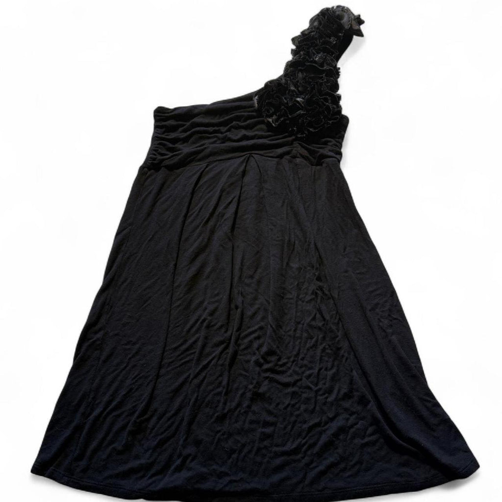 Bebe Black One Shoulder Rosette Ruffle Mini Dress Size M Going Out Y2K