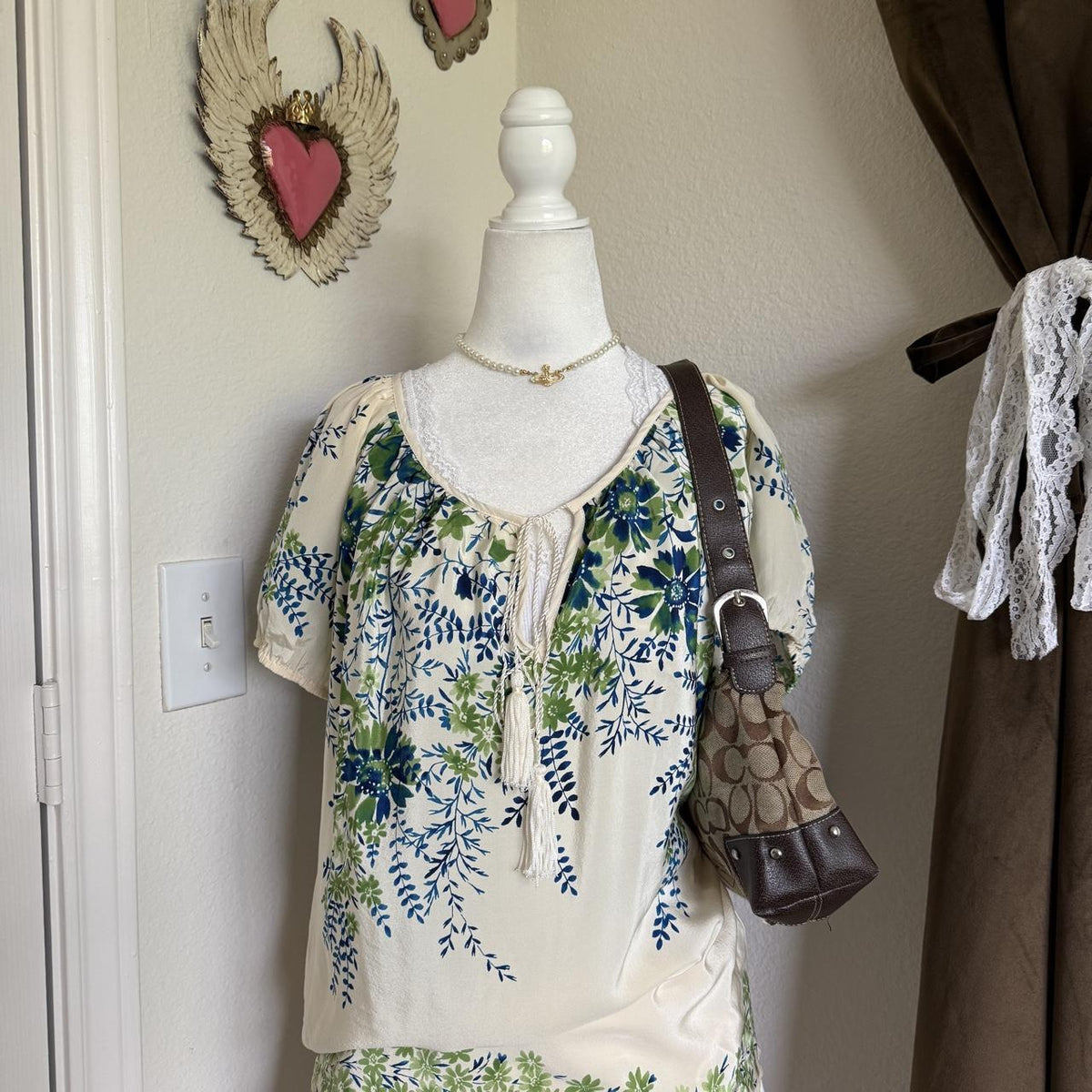Karen Kane Silk Floral Bohemian Blouse With Beaded Tie Detail Sheer
