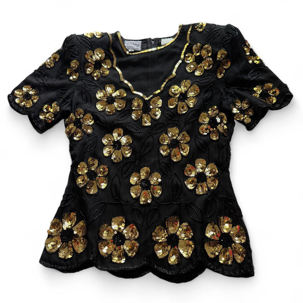 Vintage 1980s Stenay Black Gold Silk Sequin Beaded Floral Blouse Women's Small