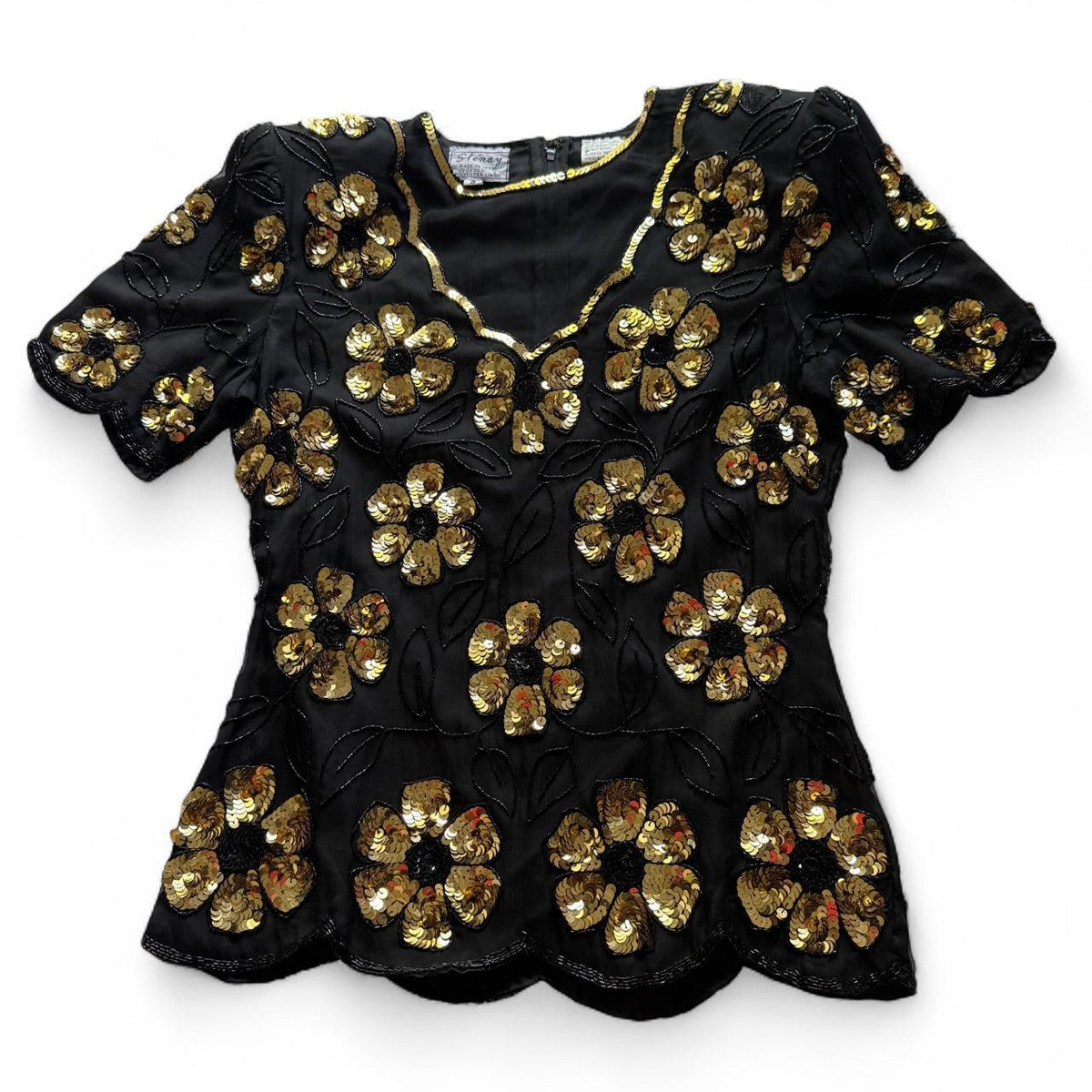 Vintage 1980s Stenay Black Gold Silk Sequin Beaded Floral Blouse Women's Small