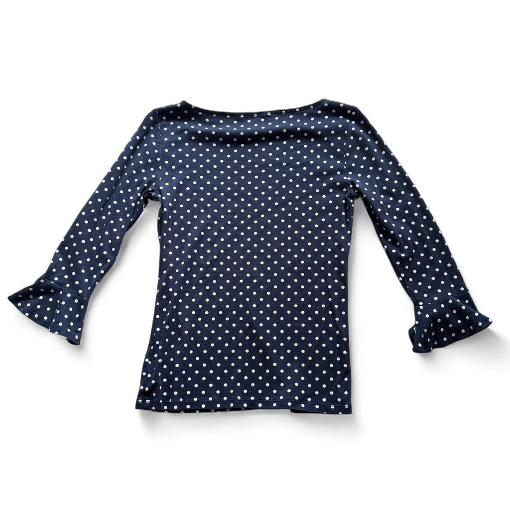 Lauren Ralph Lauren Navy Polka Dot Bell Sleeve Stretch Blouse Women's M
