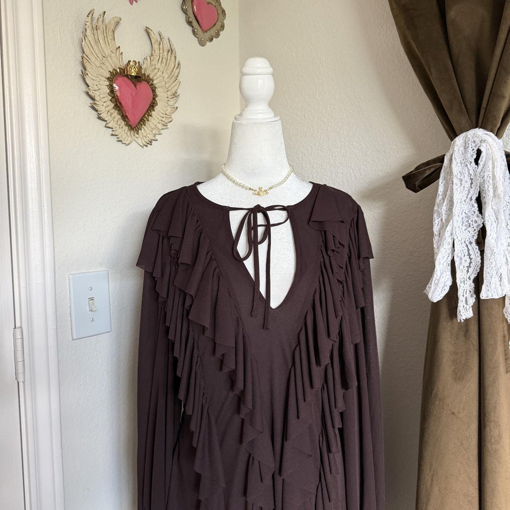 Zara Chocolate Brown Ruffle Keyhole Long Sleeve Boho Mini Dress Women's M