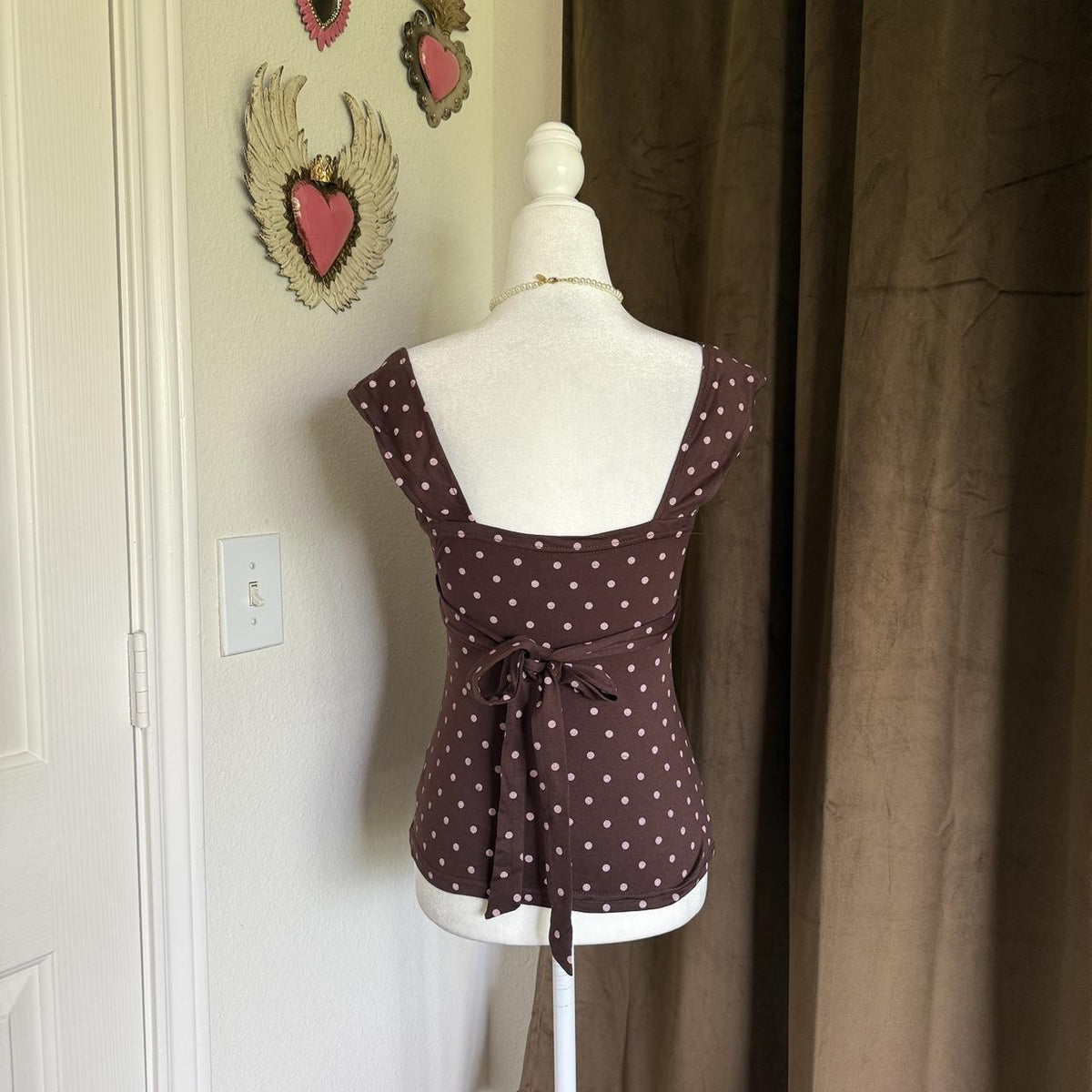 Coquette Polka Dot Girly Delicate Brown and Pink Tie-Detail Top
