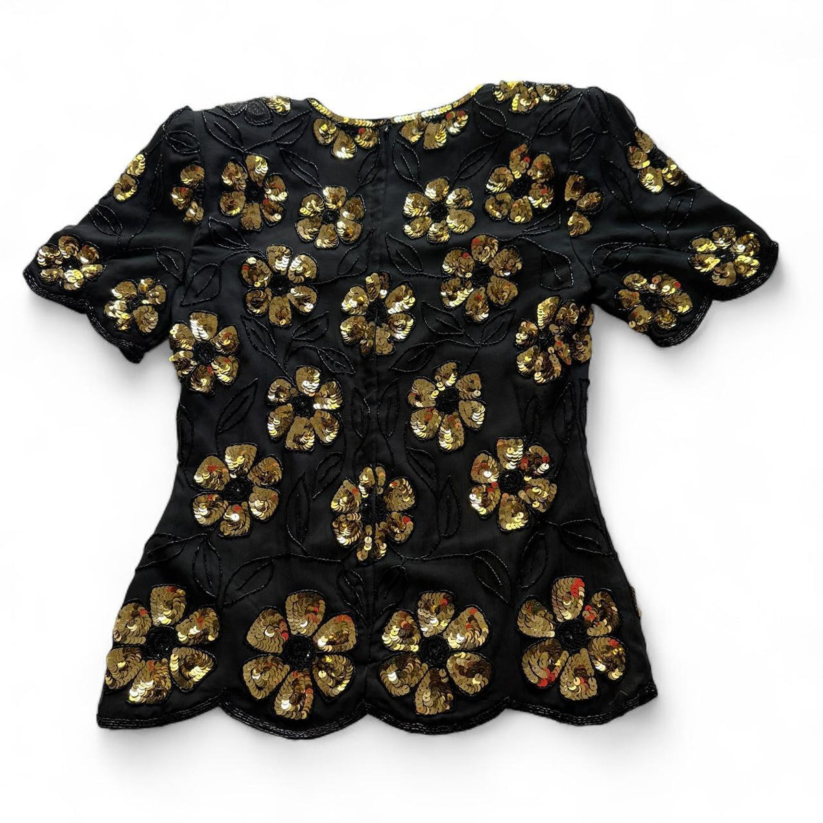 Vintage 1980s Stenay Black Gold Silk Sequin Beaded Floral Blouse Women's Small