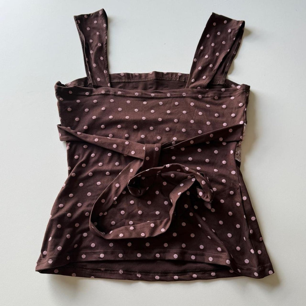 Coquette Polka Dot Girly Delicate Brown and Pink Tie-Detail Top