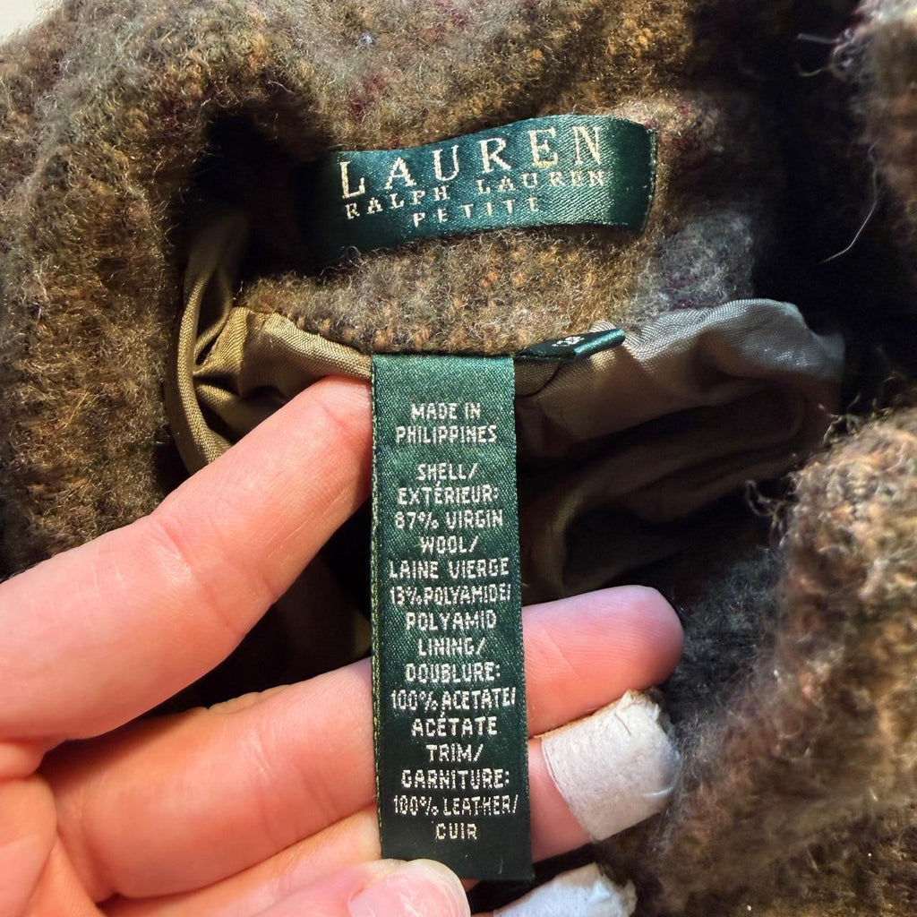 Ralph Lauren Wool Equestrian Jacket Girls 7/8 Brown Plaid Leather Patches