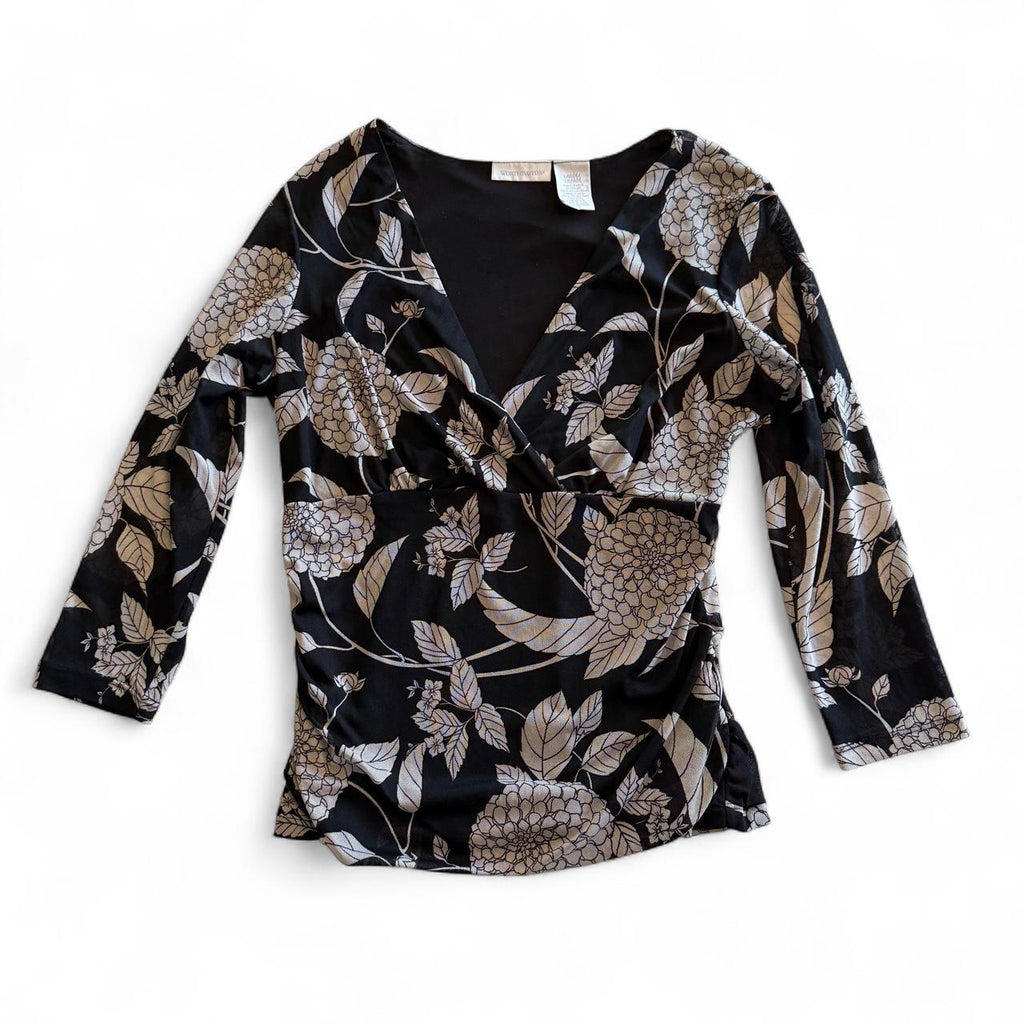 Worthington Whimsical Wrap Detail Floral V Neck Blouse