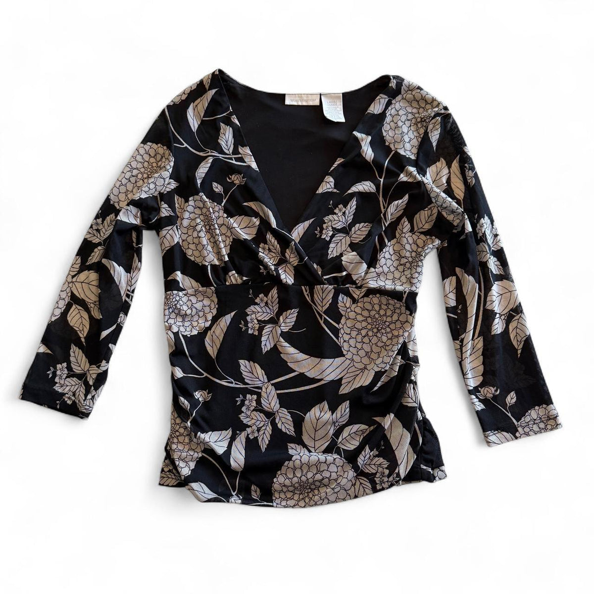 Worthington Whimsical Wrap Detail Floral V Neck Blouse