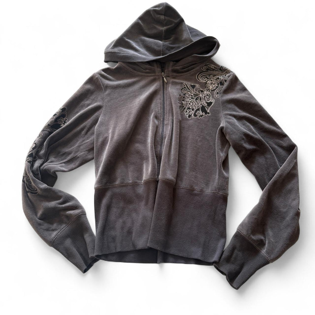 Y2K Cynthia Rowley Velour Velvet Beaded Floral Zip-Up Hoodie