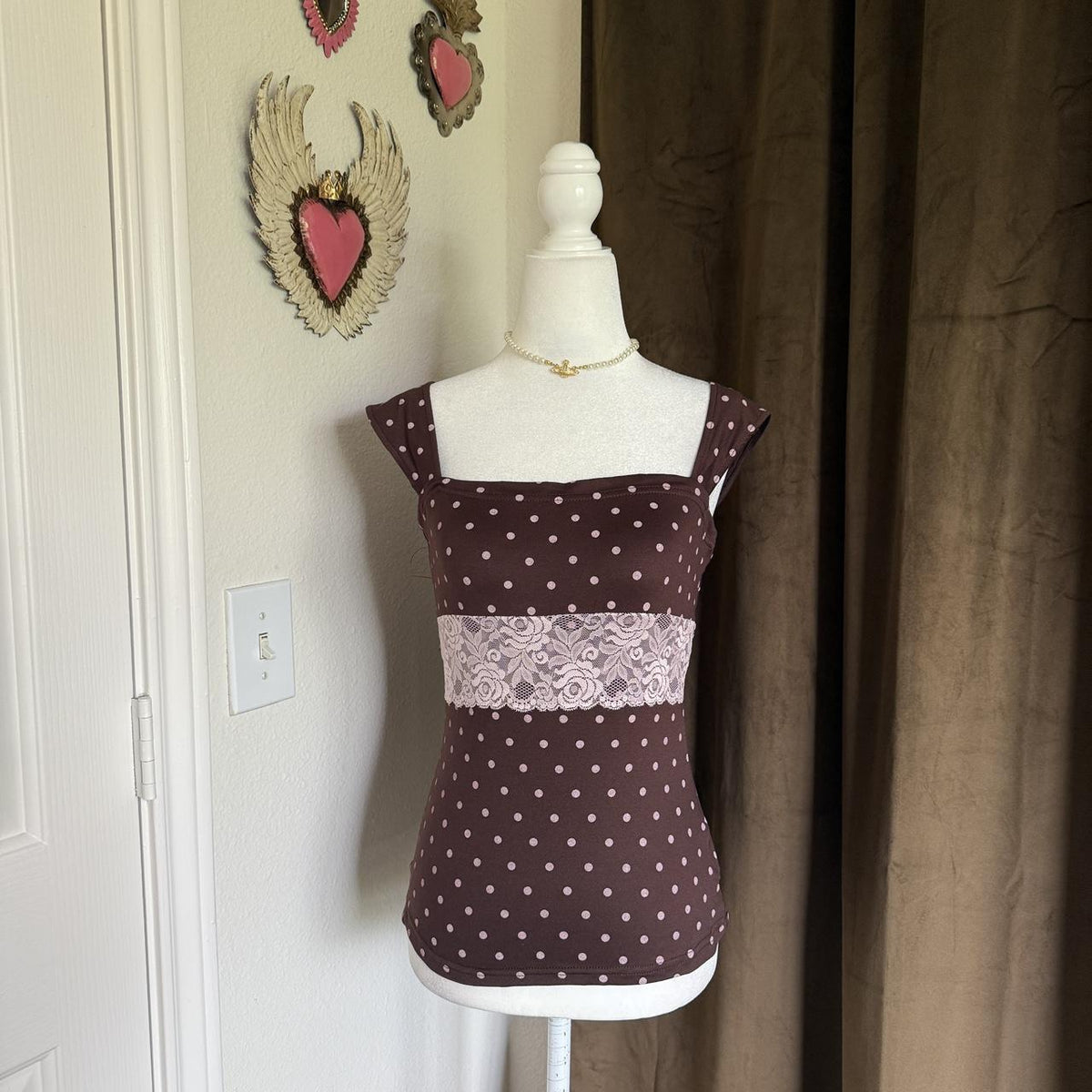 Coquette Polka Dot Girly Delicate Brown and Pink Tie-Detail Top