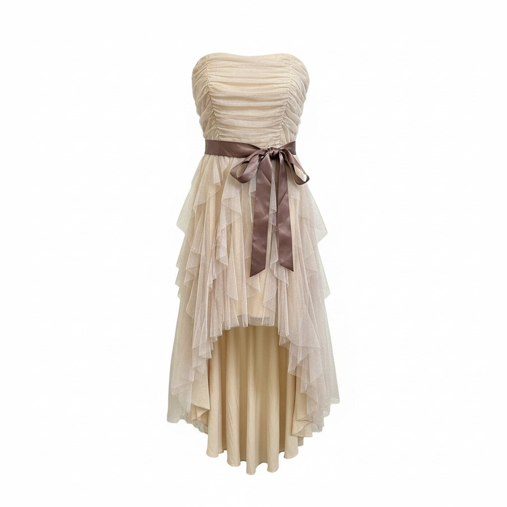 Y2K Juniors Strapless Sparkly High Low Formal Dress Ribbon Detail Fairy