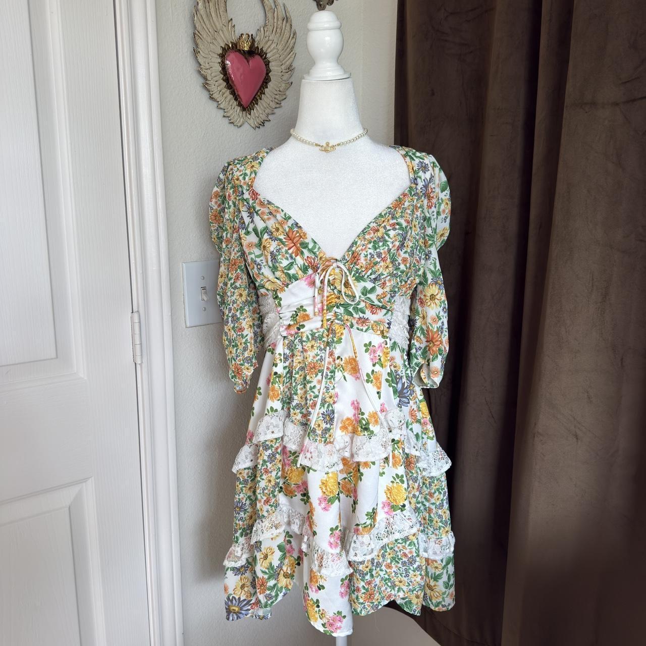 For Love & Lemons Floral Coquette Ruffle Tiered Mini Dress