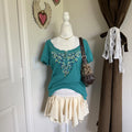 JM Collection Blue Embroidered Peasant Short Sleeve Blouse Bohemian Hippie