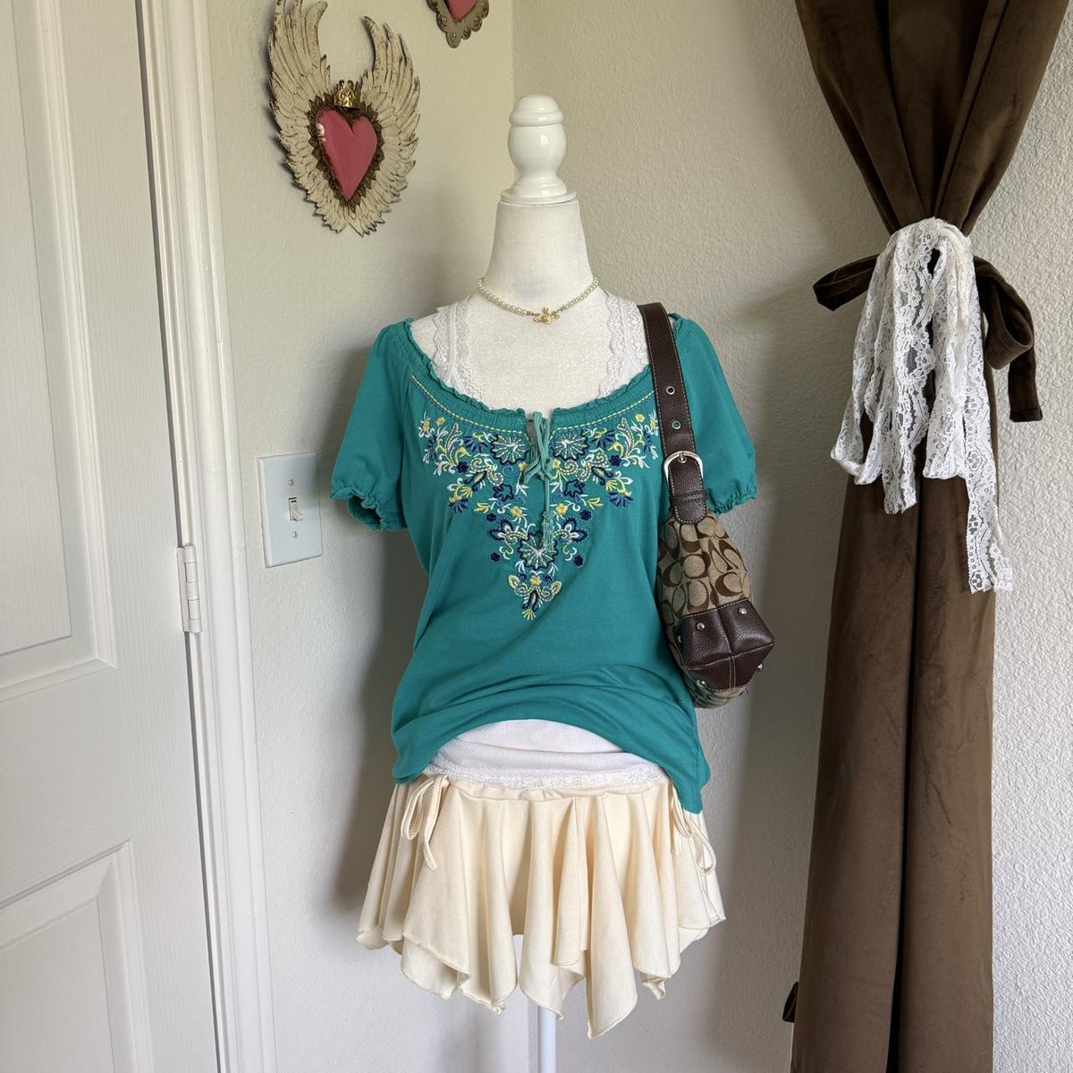 JM Collection Blue Embroidered Peasant Short Sleeve Blouse Bohemian Hippie