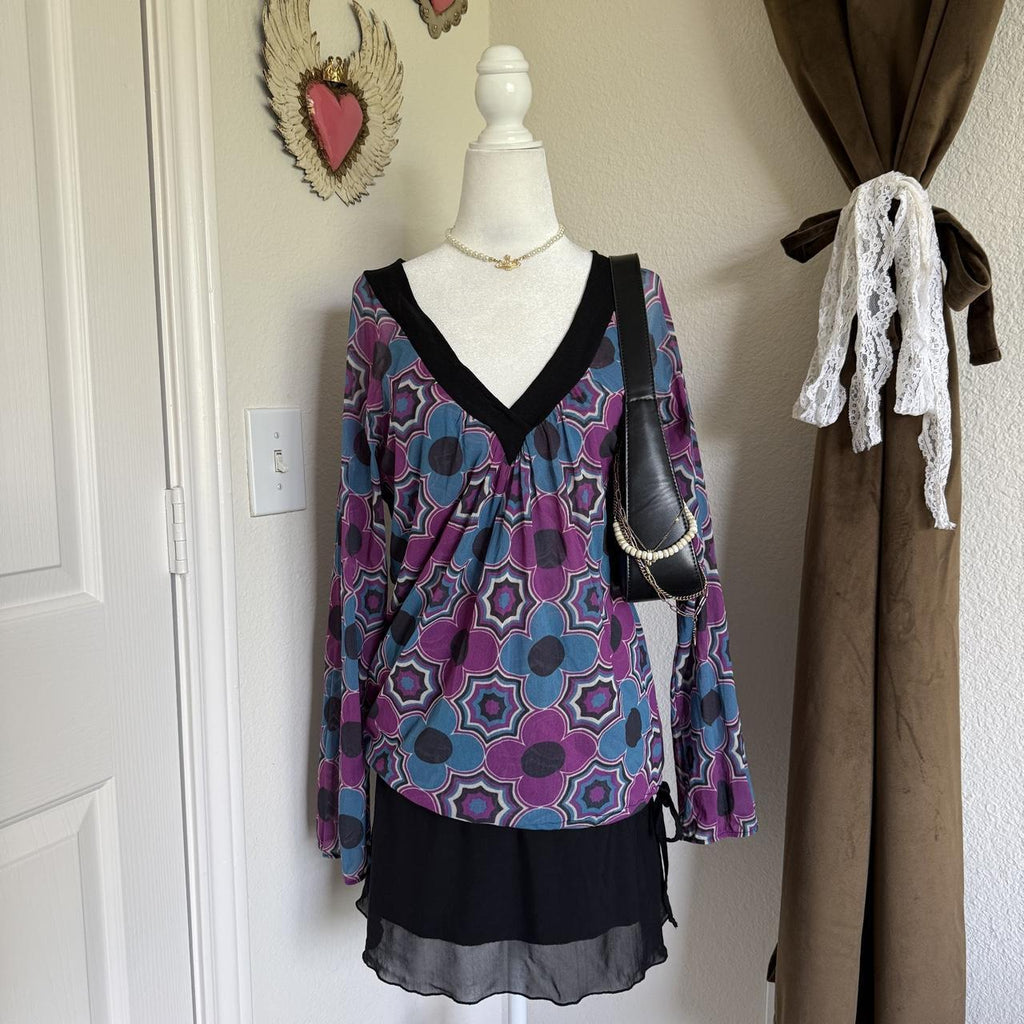 Po Bohemian Geometric Whimsical Tie Detail Blouse
