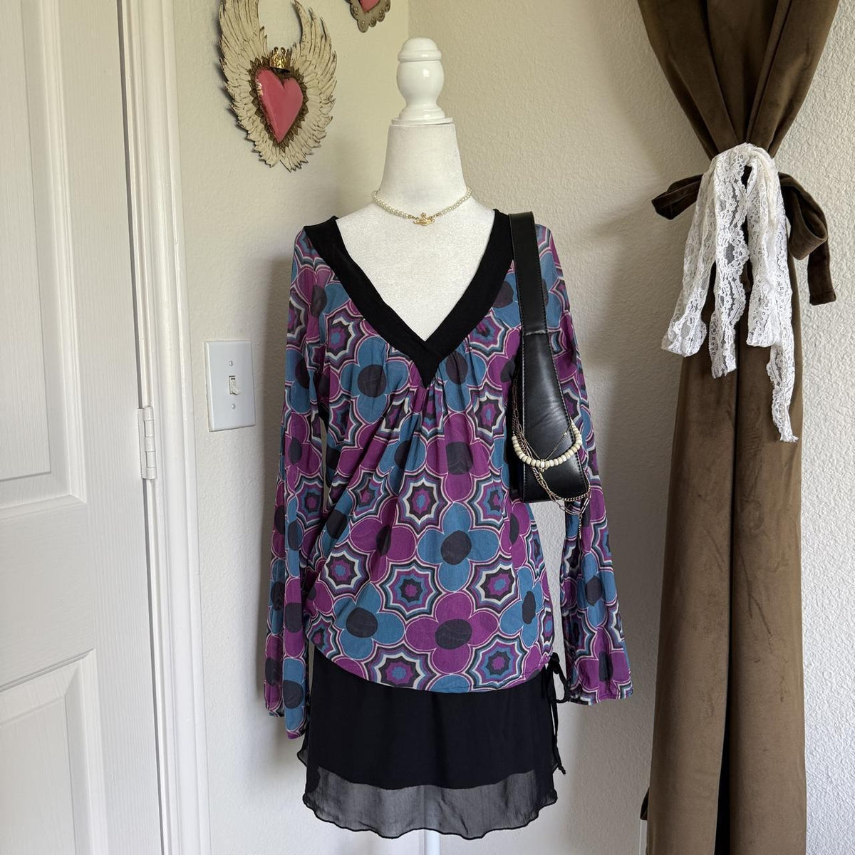 Po Bohemian Geometric Whimsical Tie Detail Blouse