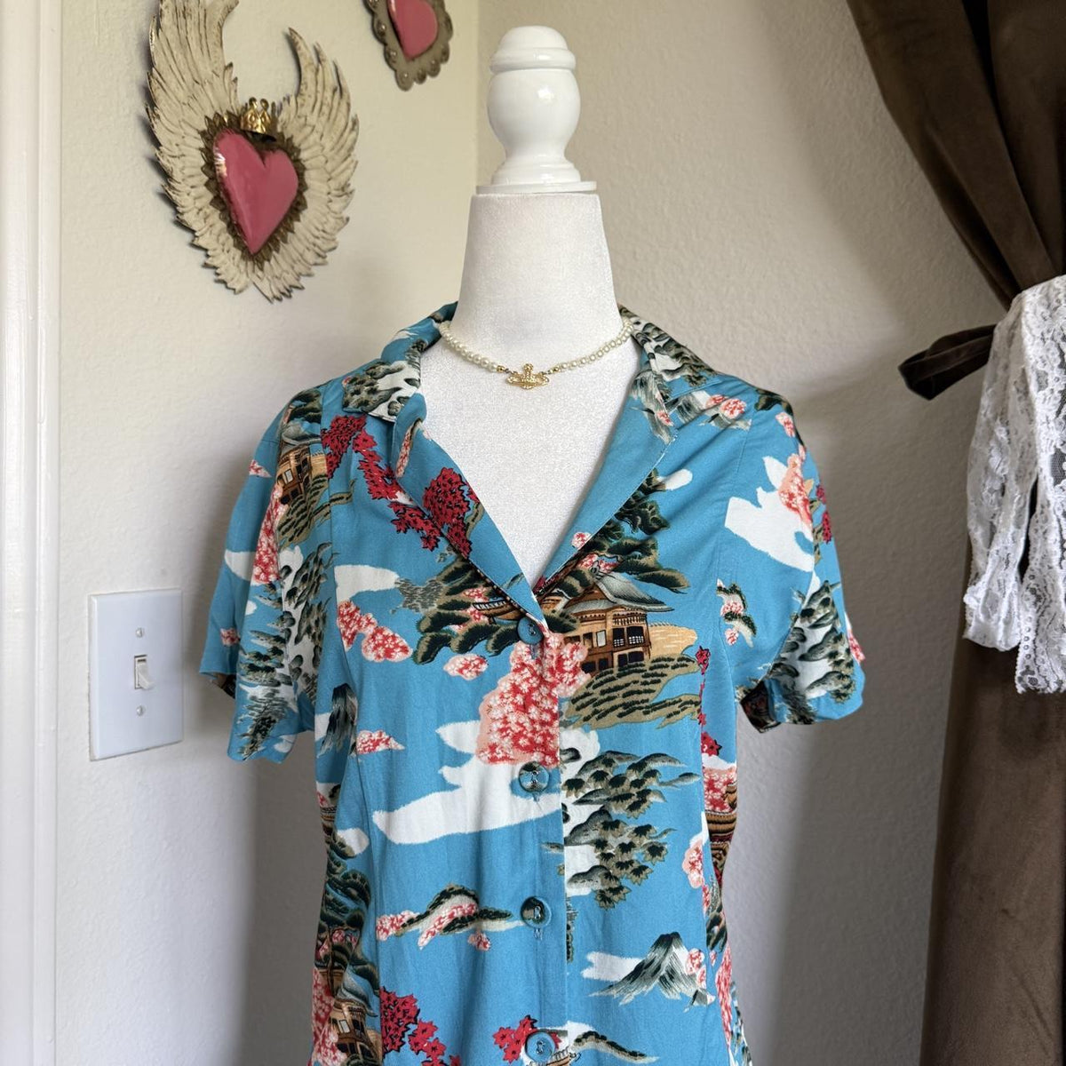 RVCA Unique Pattern T-Shirt Dress Whimsical Asian Inspired Mini Button Detail