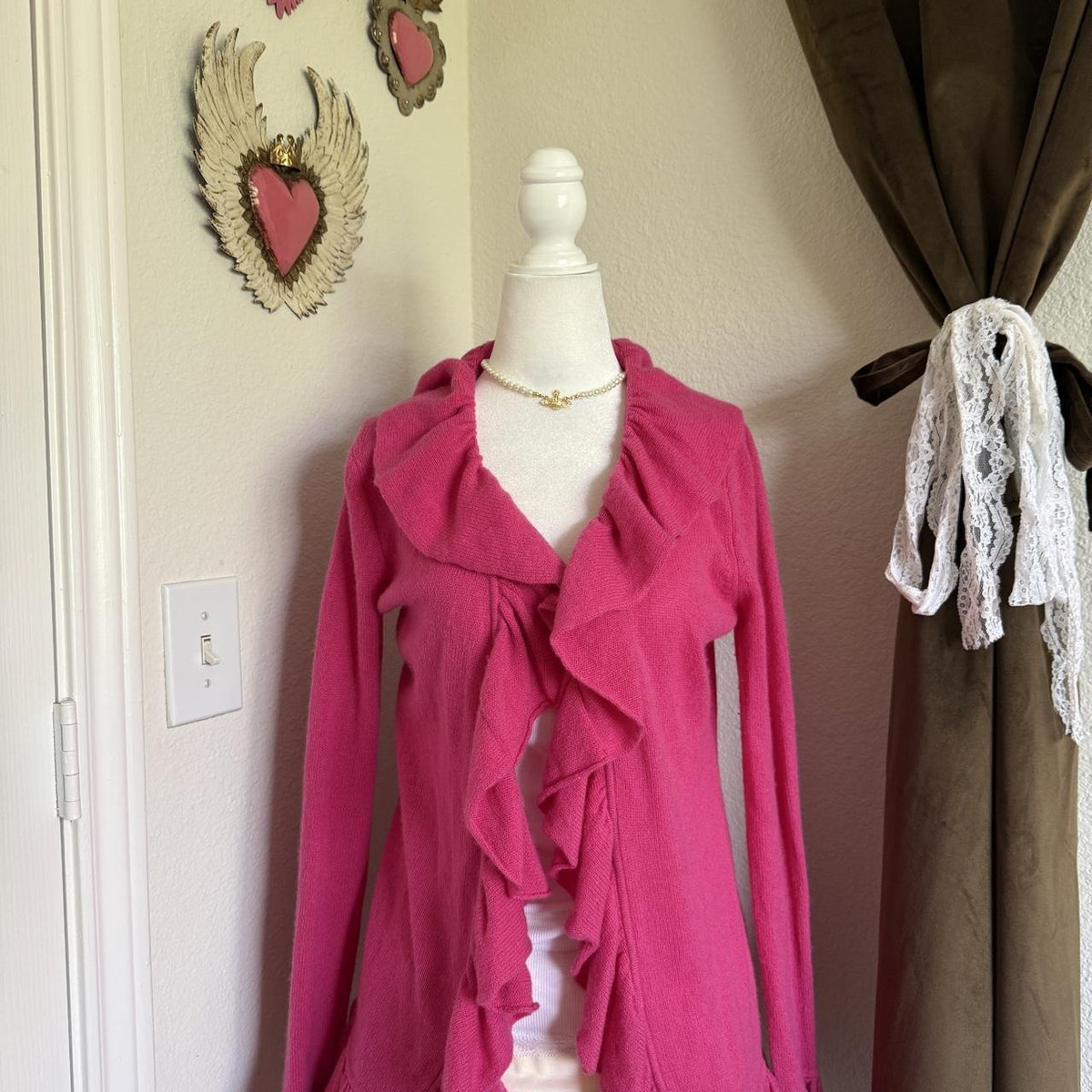 Minnie Rose Designer Cashmere Ruffled Girly Coquette Cardigan