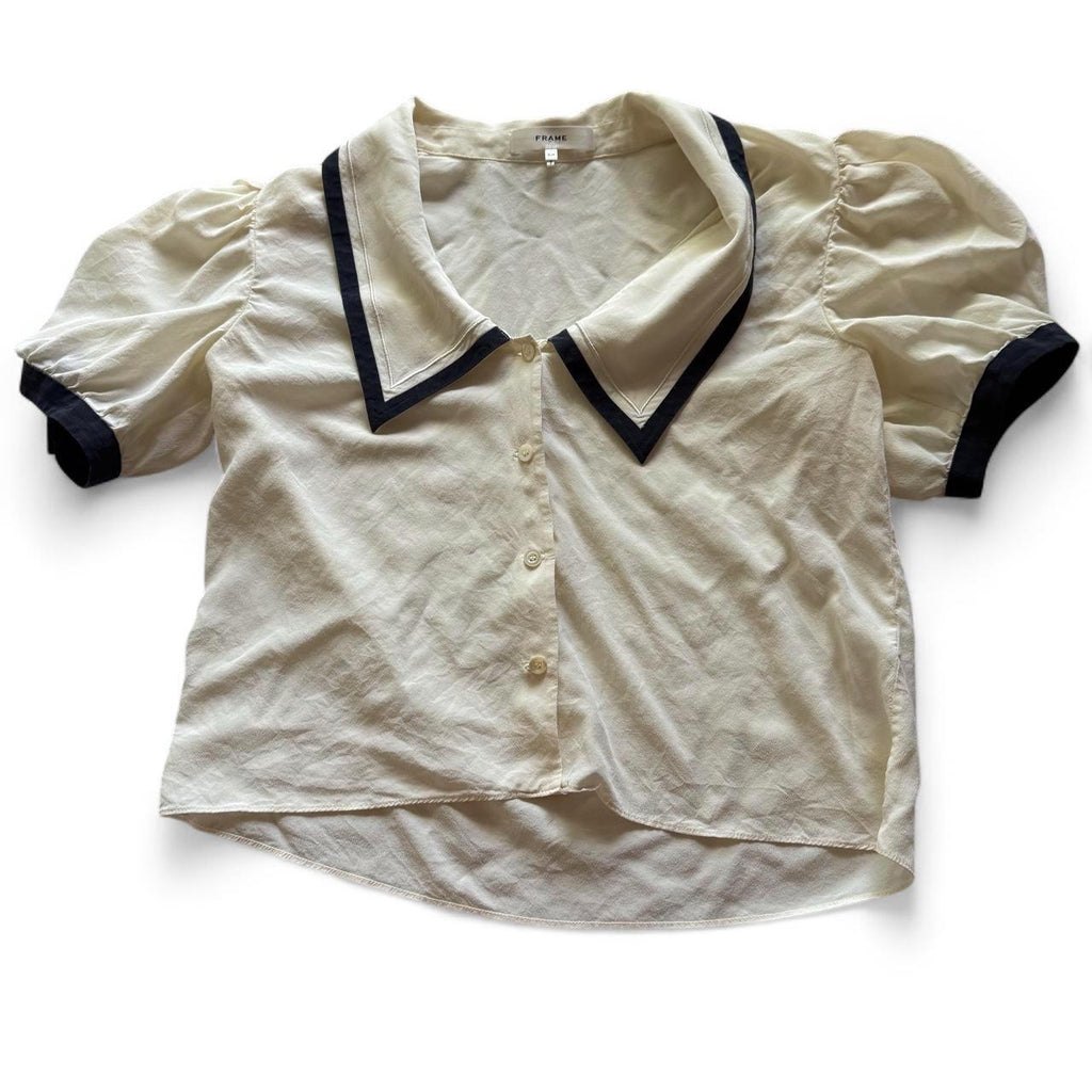 FRAME The Silk Sailor Blouse S Cream Navy Puff Sleeve Designer Top