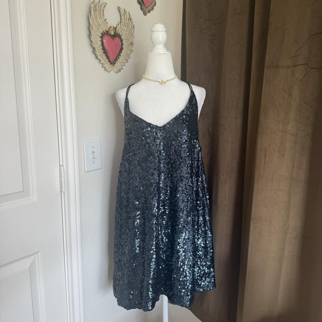 Free People Blue Sequin Mini Dress Racerback Detail Party Cocktail Birthday