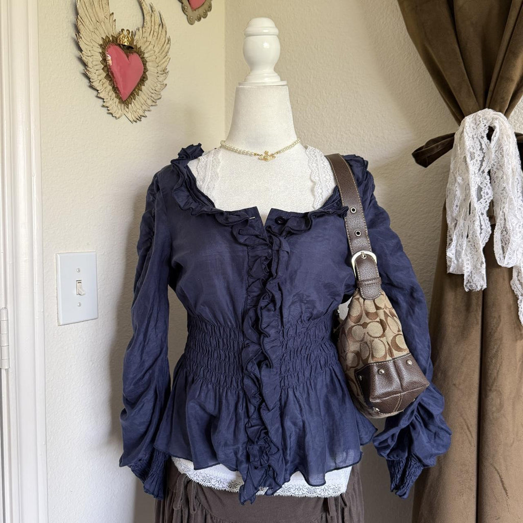 Papaya Y2K Silk Blended Romantic Ruffled Blouse Bohemian Whimsical