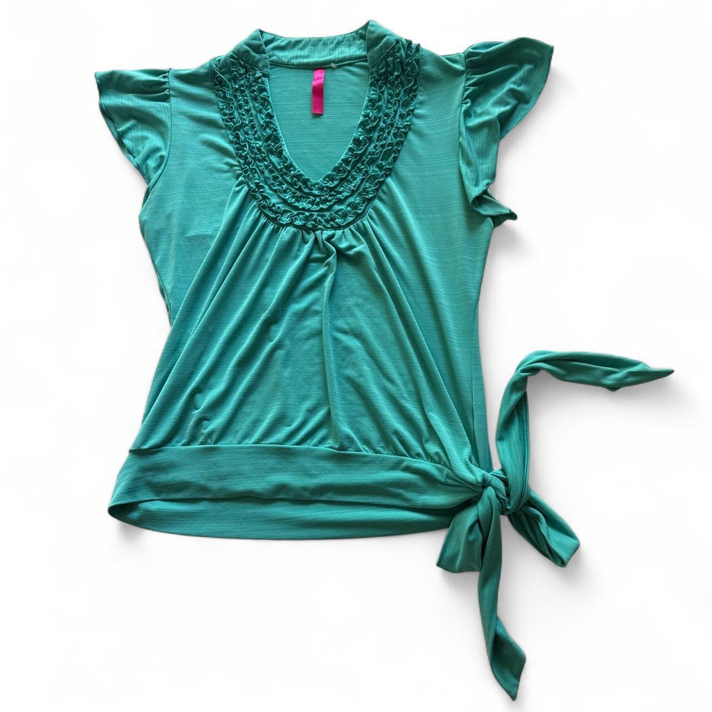Y2K Teal Ruffle Neck Side Tie Short Sleeve Fairycore Blouse Women's S