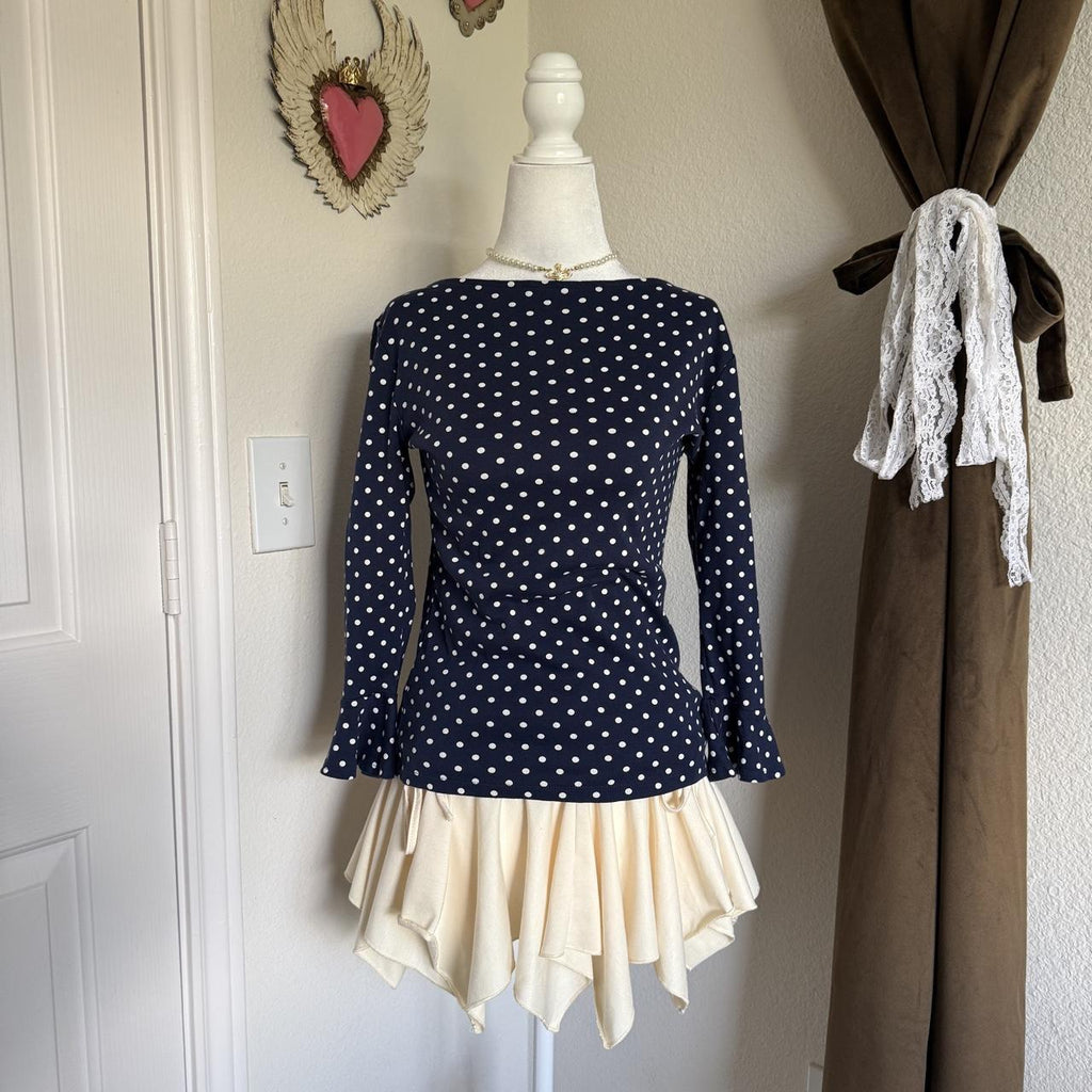 Lauren Ralph Lauren Navy Polka Dot Bell Sleeve Stretch Blouse Women's M