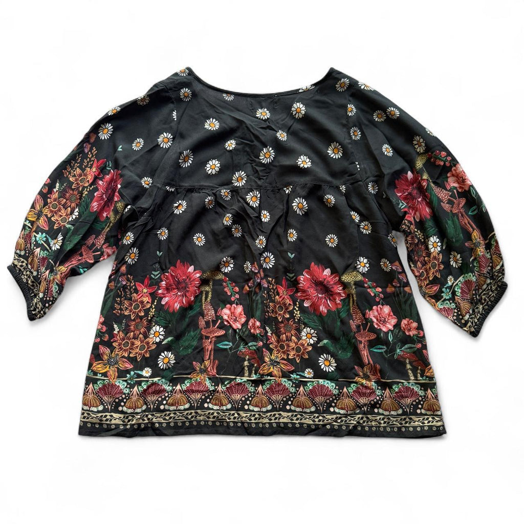 Natural Life Maribel Black Floral Mushroom Tassel Boho Blouse Women's M