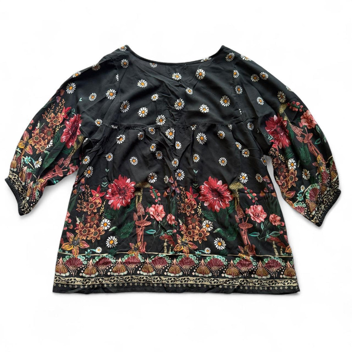 Natural Life Maribel Black Floral Mushroom Tassel Boho Blouse Women's M