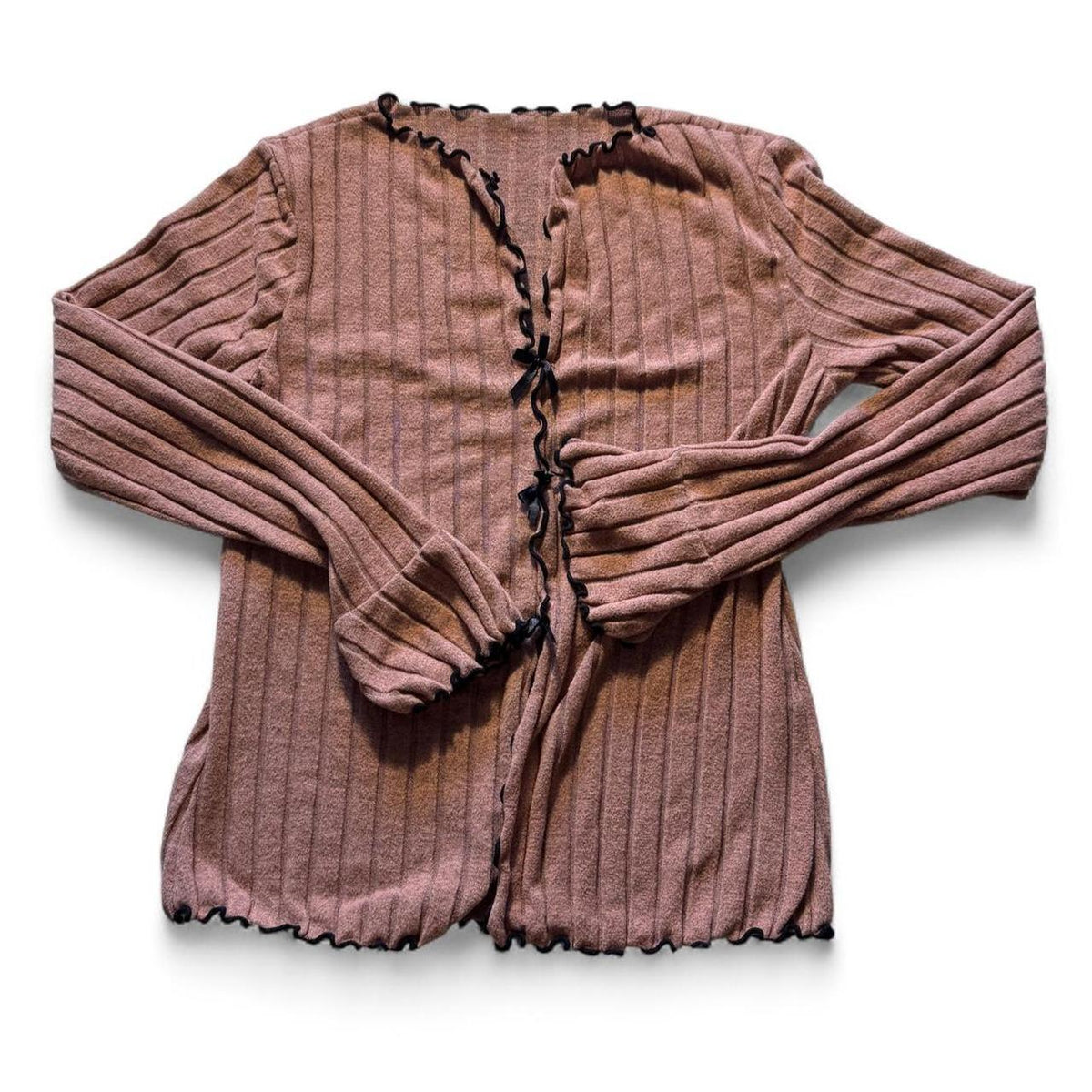 Pink Ribbed Knit Cardigan Black Bow Ties Size L Coquette Softgirl Fairycore