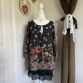 Natural Life Maribel Black Floral Mushroom Tassel Boho Blouse Women's M