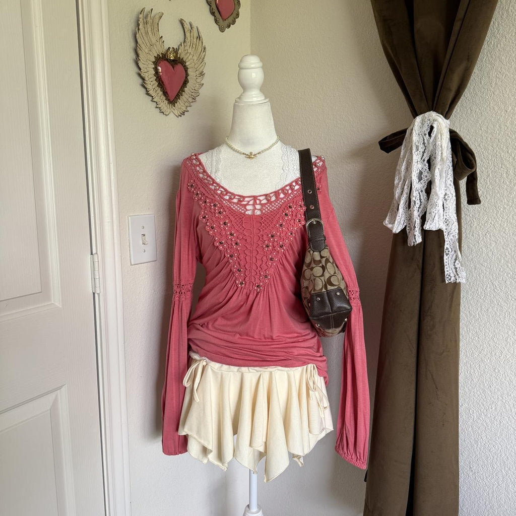 Linea Domani Pink Princess Inspired Blouse with Tie-Back Detail Beaded Pearls