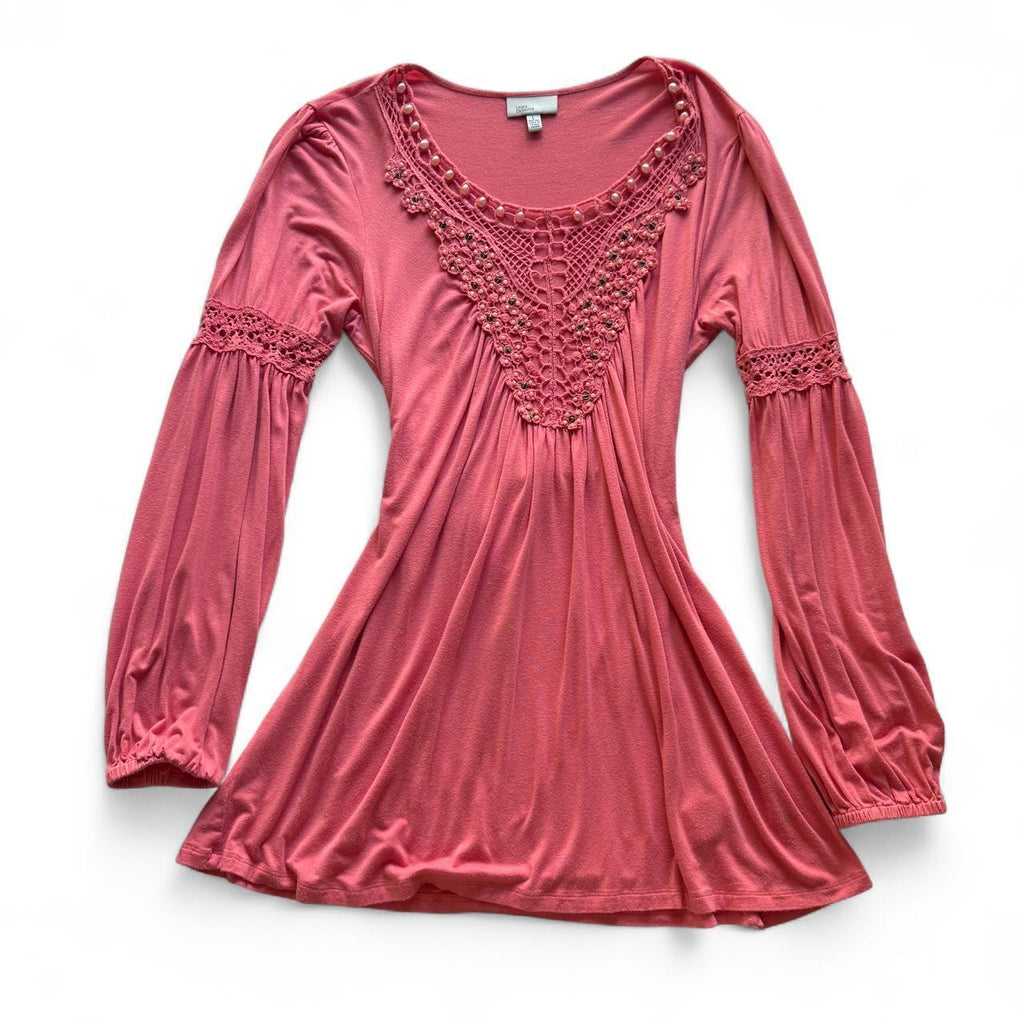 Linea Domani Pink Princess Inspired Blouse with Tie-Back Detail Beaded Pearls
