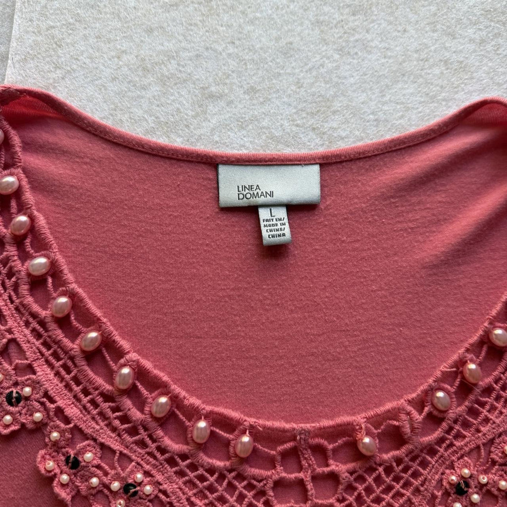 Linea Domani Pink Princess Inspired Blouse with Tie-Back Detail Beaded Pearls
