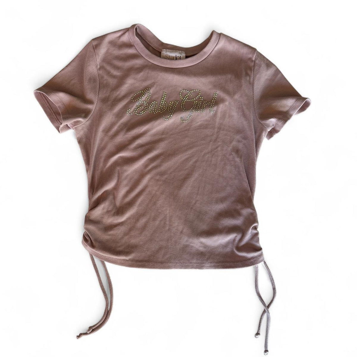 Starlet Pink Y2K Rhinestone Ribbed Baby Tee Blingy Girly Top Sz L