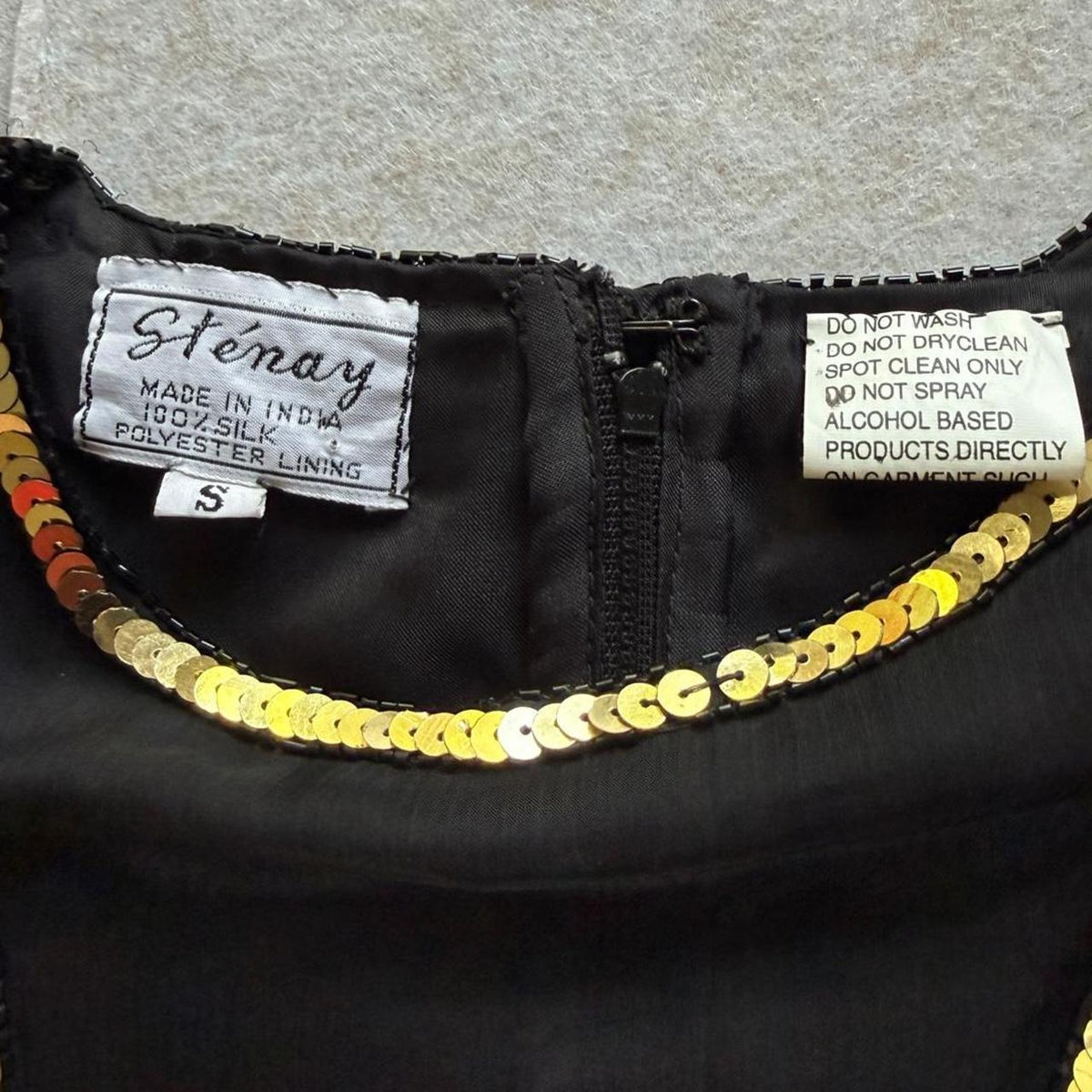 Vintage 1980s Stenay Black Gold Silk Sequin Beaded Floral Blouse Women's Small